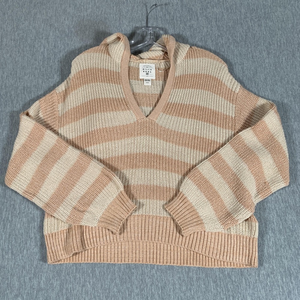 Billabong Sweater Womens‎ Medium Beige Striped Hooded V Neck Pullover Casual